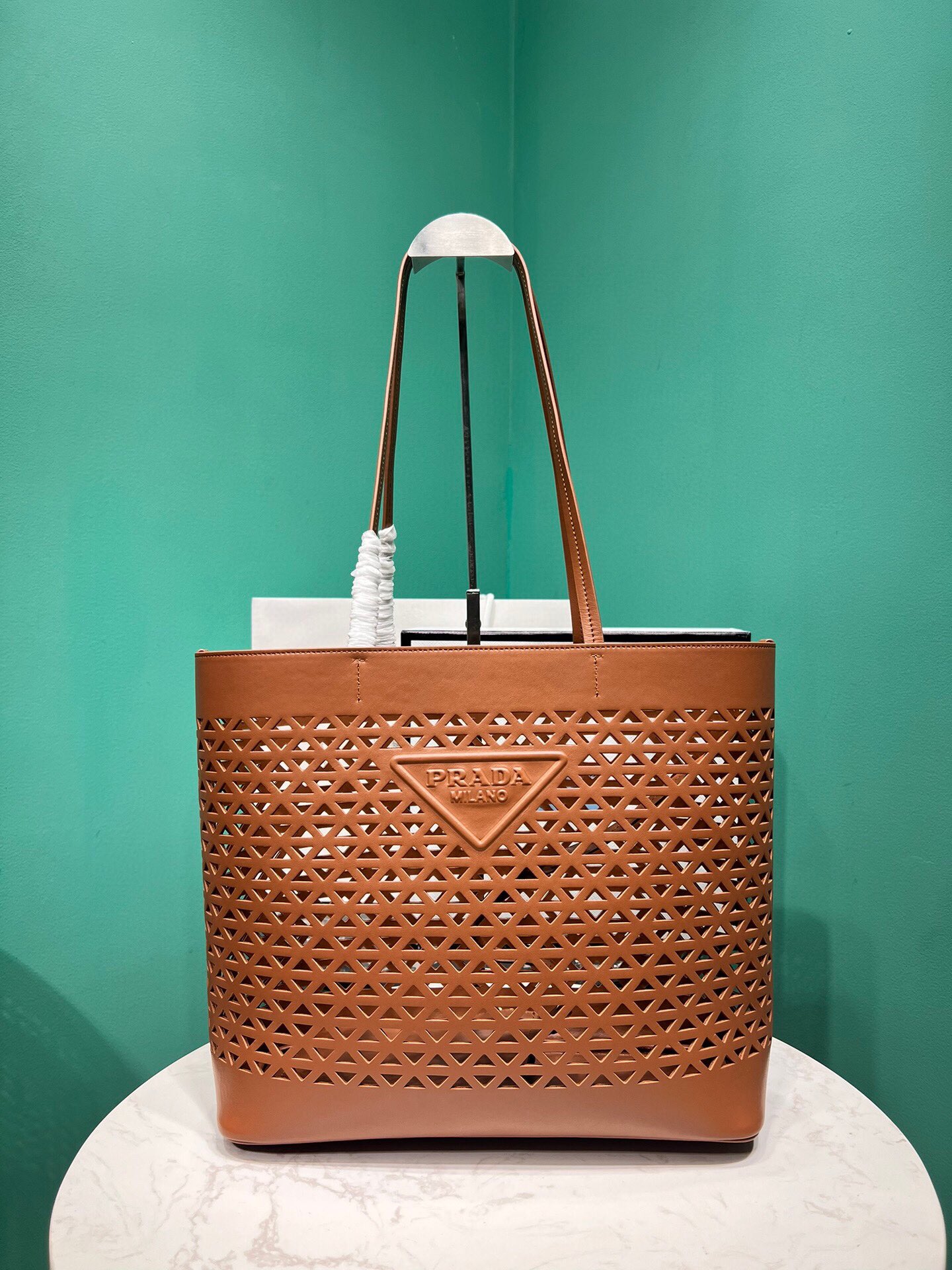 Prada Large Perforated Leather Tote Bag Handbag Caramel 1BG503